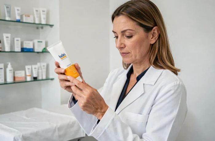 Dermatologue femme tenant une crème solaire Isdin SPF 100 dans une clinique dermatologique moderne