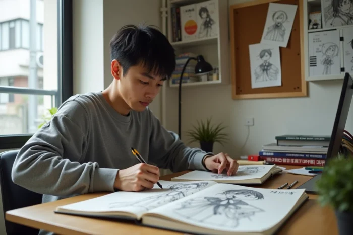 Dessinateur manga japonais travaillant sur des illustrations dans son appartement à Tokyo