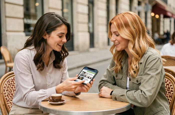 Deux femmes discutant des rubriques incontournables d'un blog en terrasse de café parisien