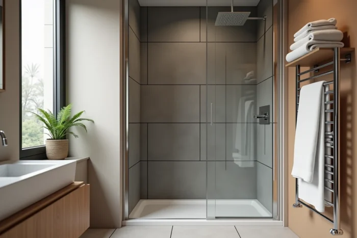 Grande douche à l'italienne dans une salle de bain de location moderne avec carrelage gris et paroi en verre