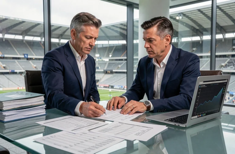 Dirigeant du Real Madrid analysant les données de la masse salariale dans une salle de réunion moderne du stade Santiago Bernabéu en 2026