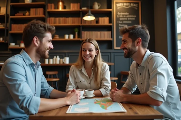 Groupe de jeunes adultes discutant autour d'une carte d'Amérique latine dans un café de Madrid