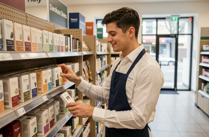 Employé de boutique salarié arrangeant soigneusement des produits sur un présentoir dans un espace de vente d'entreprise moderne