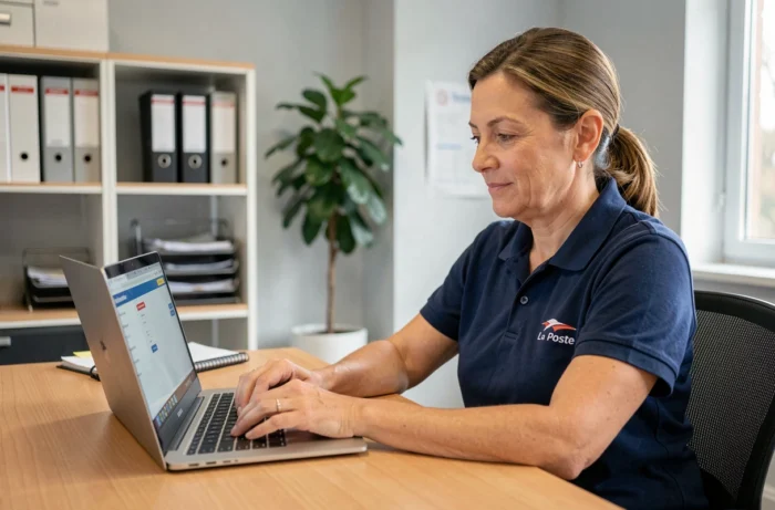Employée La Poste en uniforme accédant à son espace habillement en ligne sur un ordinateur portable au bureau