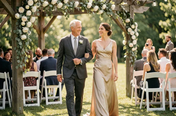 Père et mère de marié élégamment vêtus marchant ensemble lors de la cérémonie de mariage en plein air dans un jardin fleuri