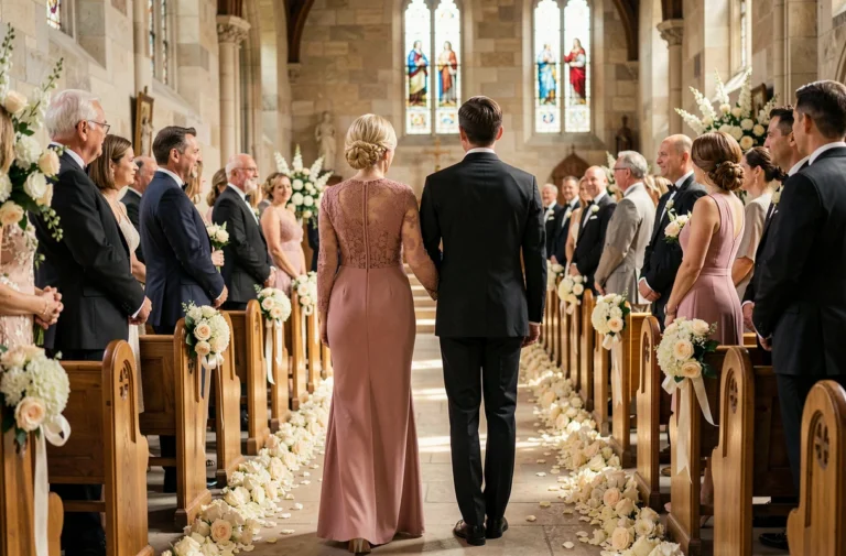 Mère et fils en tenue élégante marchant bras dessus bras dessous dans l'allée d'une église lors de l'entrée des parents au mariage