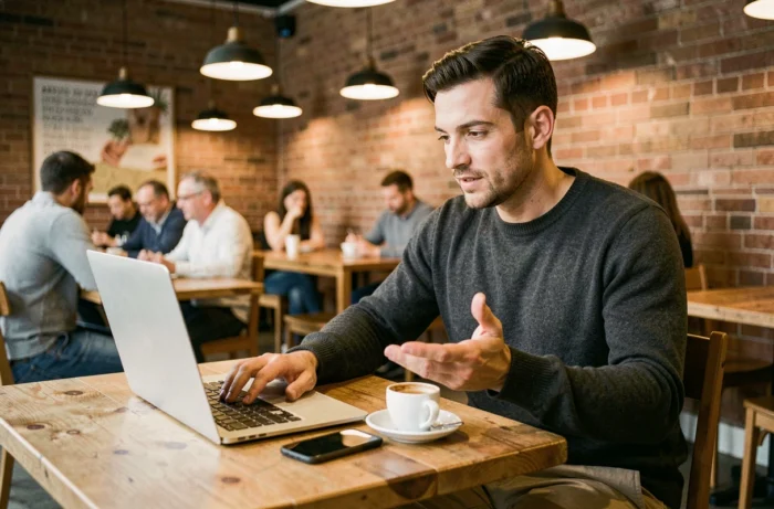 Entrepreneur travaillant sur sa stratégie de transformation numérique dans un café co-working branché