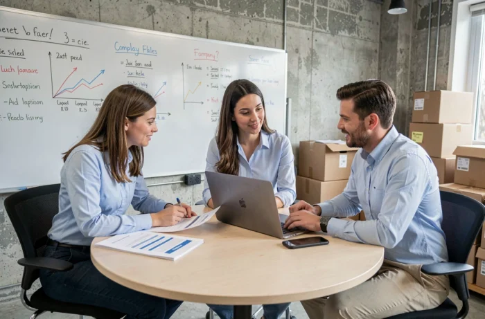 Équipe de professionnels du commerce discutant de rapports de vente autour d'une table dans l'arrière-boutique d'une boutique salarié