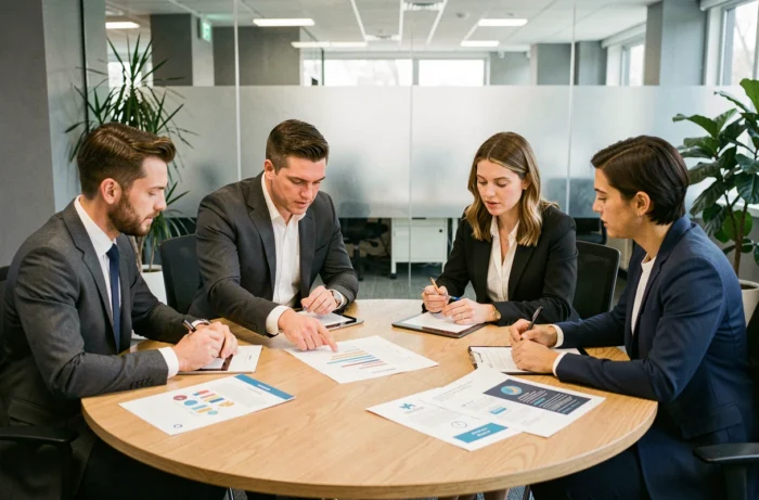 Équipe de professionnels collaborant sur une stratégie de communication autour d'une table de réunion