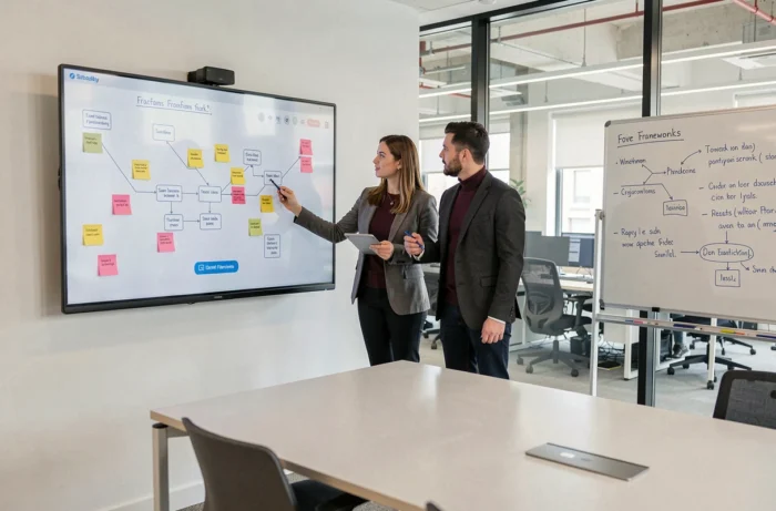 Équipe d'entrepreneurs collaborant sur une feuille de route de transformation digitale dans une salle de réunion moderne