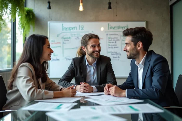 Équipe de collègues discutant de stratégies d'investissement dans des ETF ESG lors d'une réunion en espace de coworking