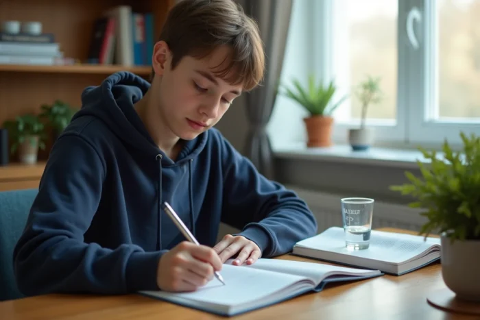 Étudiant prenant des notes de conversion grammes en litres dans un cahier avec un verre doseur sur un bureau