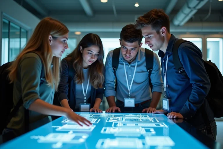 Étudiants en ingénierie collaborant sur des projets technologiques dans un laboratoire d'innovation d'une école polytechnique mondiale