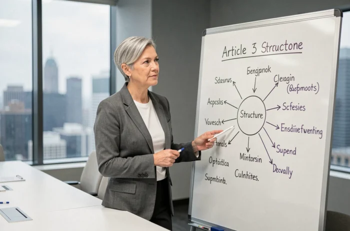 Femme experte en rédaction expliquant la structure d'un article devant un tableau blanc avec une carte mentale dans une salle de réunion professionnelle