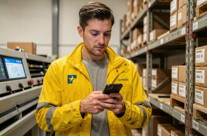 Facteur La Poste consultant son espace habillement sur smartphone dans un centre de tri postal