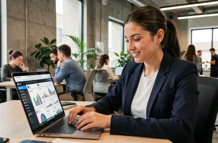 Femme professionnelle consultant des tableaux de bord d'analyse digitale sur un ordinateur portable dans un bureau moderne