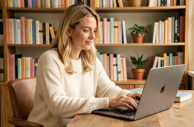 Femme blonde explorant le site Chroniques Blondes sur un ordinateur portable dans un bureau chaleureux