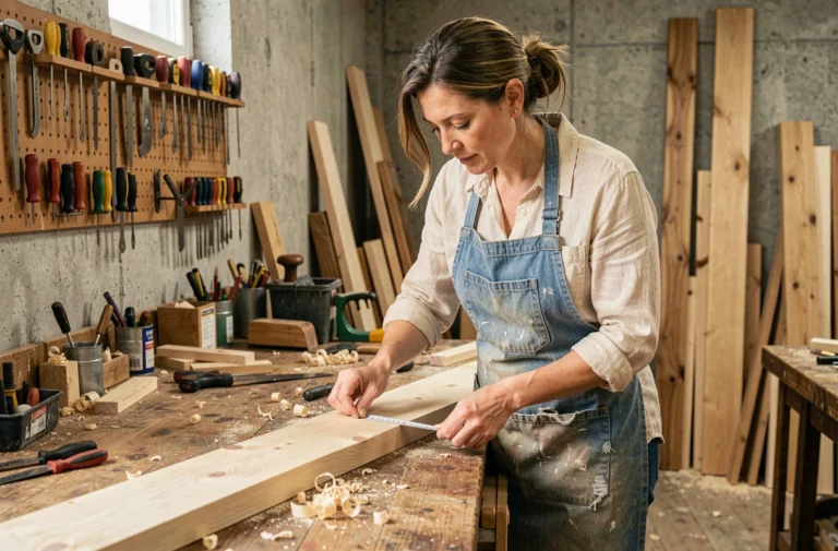 Femme réalisant un projet de bricolage dans un atelier en bois avec des outils et un mètre ruban