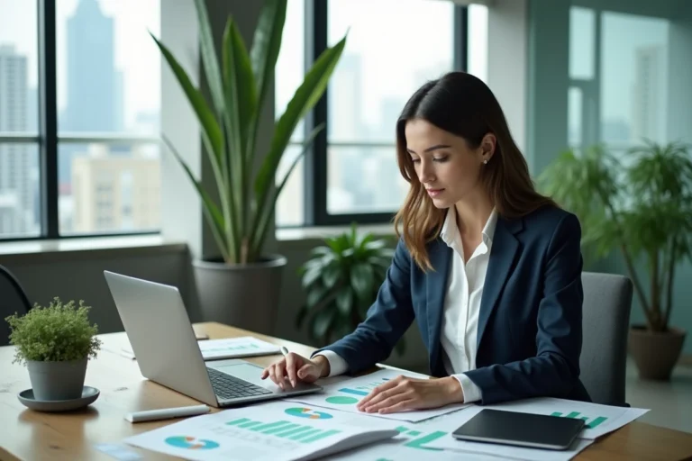 Femme cadre analysant des données d'investissement ESG sur son bureau avec des graphiques financiers durables
