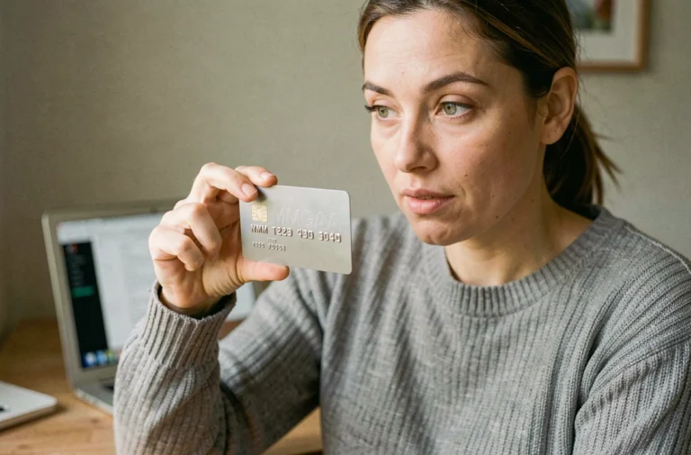 Femme tenant une carte bancaire et lisant la date d'expiration MM/AA sur le recto de la carte