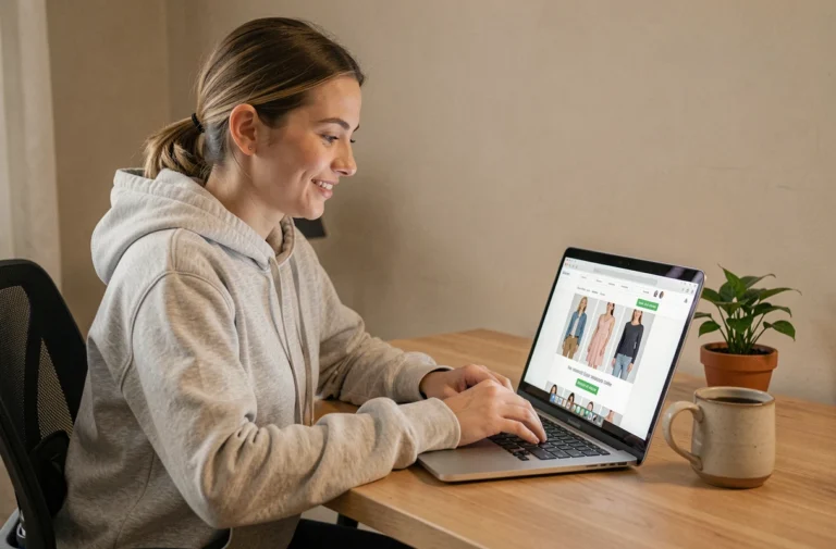 Jeune femme utilisant un code promo Zalando sur son ordinateur portable depuis son bureau à domicile