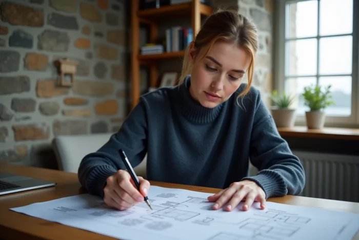 Femme consultant un sitemap imprimé dans un bureau breton avec murs en pierre