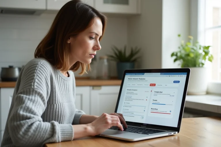 Femme consultant ses résultats d'analyses médicales Biofutur en ligne sur un ordinateur portable dans une cuisine