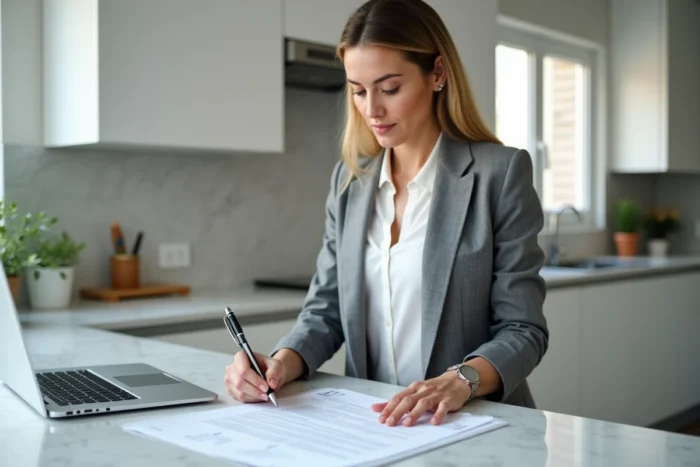 Femme consultant un panneau de déclaration de travaux imprimé dans une cuisine moderne