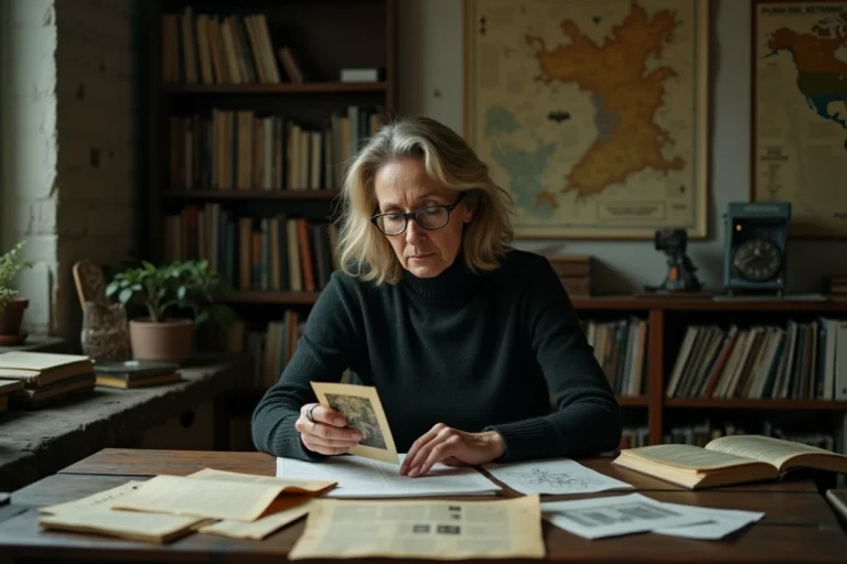Femme examinant des documents paranormaux et des photographies mystérieuses dans un bureau parisien encombré
