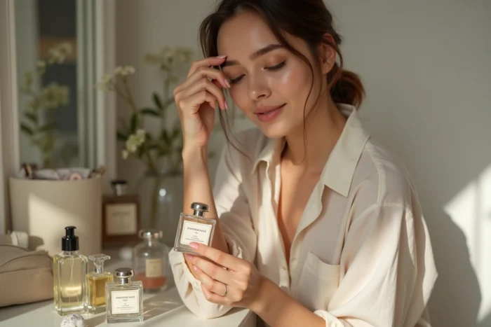 Femme tenant un flacon de parfum dupe Adopt avec une expression satisfaite devant une coiffeuse parisienne