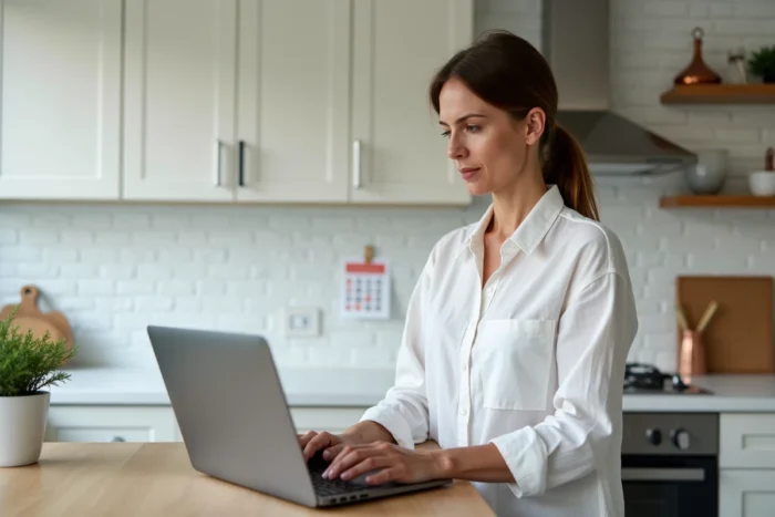 Femme d'âge moyen en formation à distance travaillant debout à un îlot de cuisine en utilisant un ordinateur portable