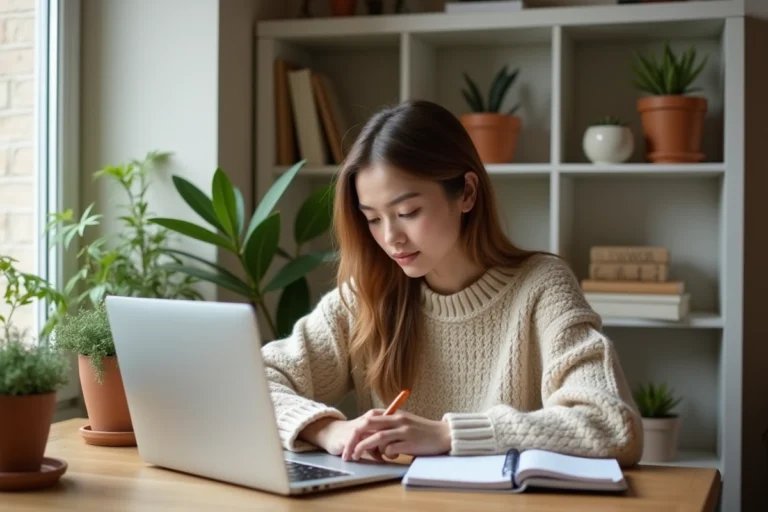 Jeune femme concentrée suivant une formation en ligne depuis son bureau à domicile avec un ordinateur portable et un carnet de notes