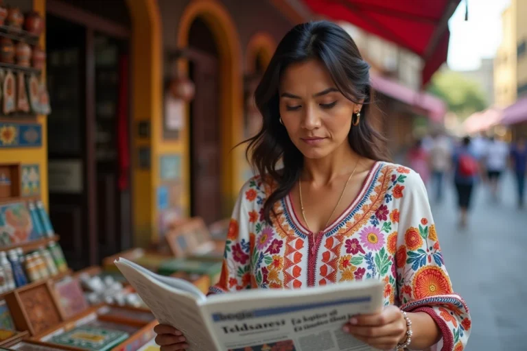 Femme hispanophone lisant un journal bilingue espagnol-anglais sur un marché de Mexico City