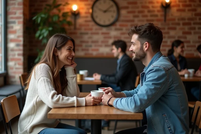 Femme et homme en conversation dans un café, illustrant la différence d'attachement émotionnel entre les sexes