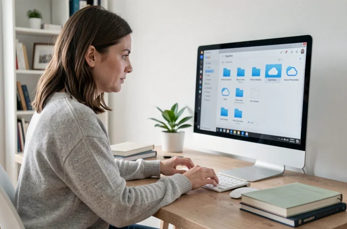 Femme organisant des fichiers sur une interface de stockage cloud depuis un bureau à domicile moderne