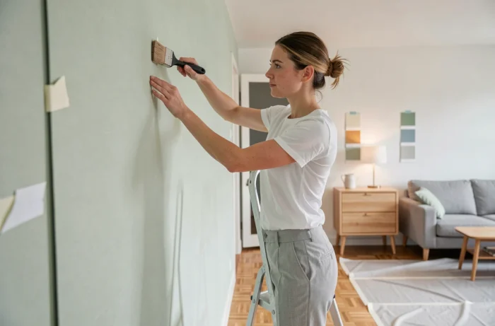 Vrouw die groene salie behang aanbrengt in een Scandinavische woonkamer die wordt gerenoveerd