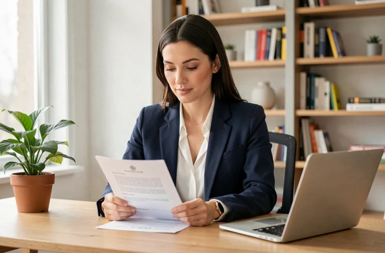 Femme professionnelle révisant son CV à son bureau à domicile pour optimiser sa recherche d'emploi