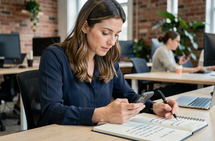 Femme cherchant une adresse alternative de site web sur son smartphone dans un espace de coworking