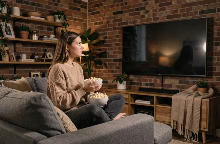 Jeune femme regardant un film en streaming sur grand écran depuis son canapé avec du popcorn
