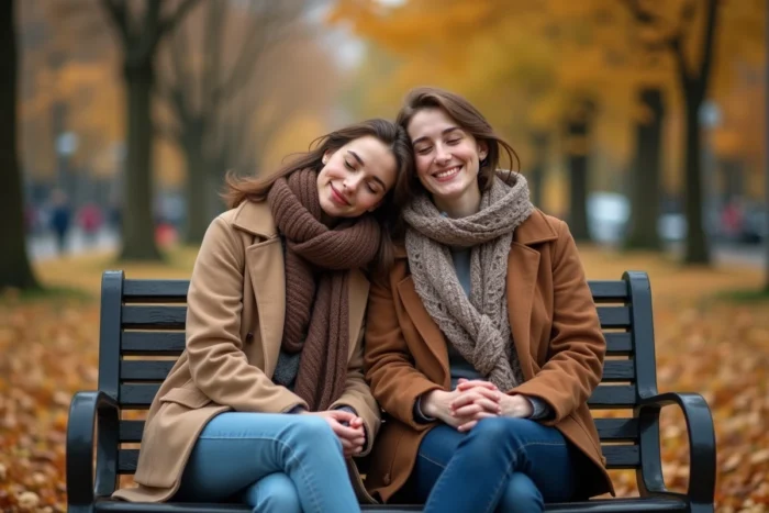Deux femmes partageant un moment de complicité émotionnelle sur un banc de parc en automne