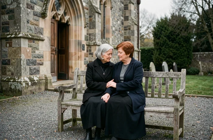 Deux femmes se réconfortant mutuellement à l'extérieur d'une chapelle lors d'une cérémonie funèbre