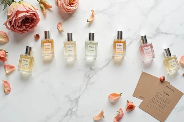 Disposition flatlay de flacons de parfums dupes abordables sur marbre blanc avec pétales séchées