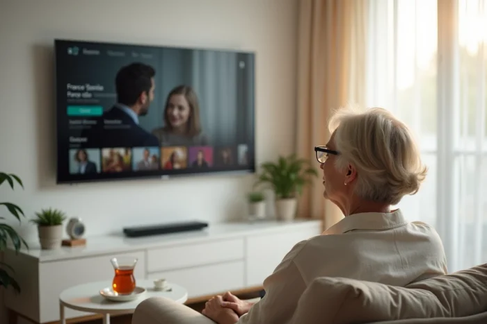 Une femme regardant le replay de France Télévisions sur France.tv depuis son salon avec l'interface visible à l'écran