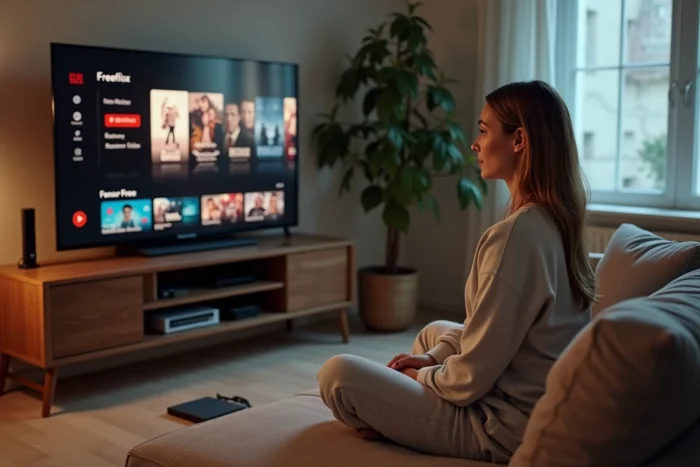 Une jeune femme utilisant le service Freeflix intégré à sa Freebox pour regarder des films en streaming depuis son salon