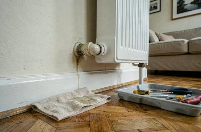 Fuite d'eau sur un radiateur dans un appartement bruxellois avec outils de plomberie au sol