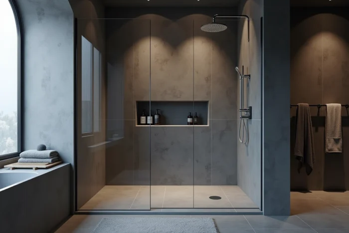 Grande douche italienne haut de gamme de 160x90 cm dans un appartement de location luxueux avec béton poli