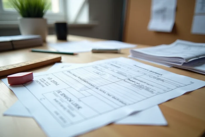 Gros plan sur un formulaire de déclaration de travaux rempli à la main sur un bureau de bureau professionnel