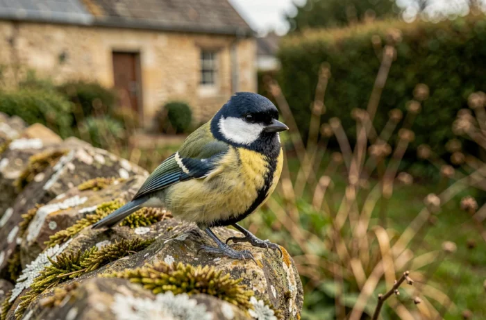 Gros plan d'une mésange charbonnière posée sur un muret en pierre moussu dans un jardin rural français
