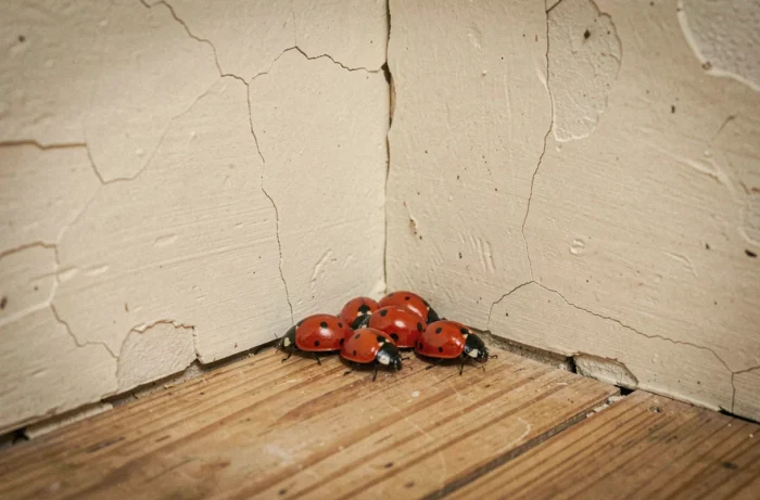 Grupo de mariquitas agrupadas en una esquina de la pared interior de una casa de campo en otoño