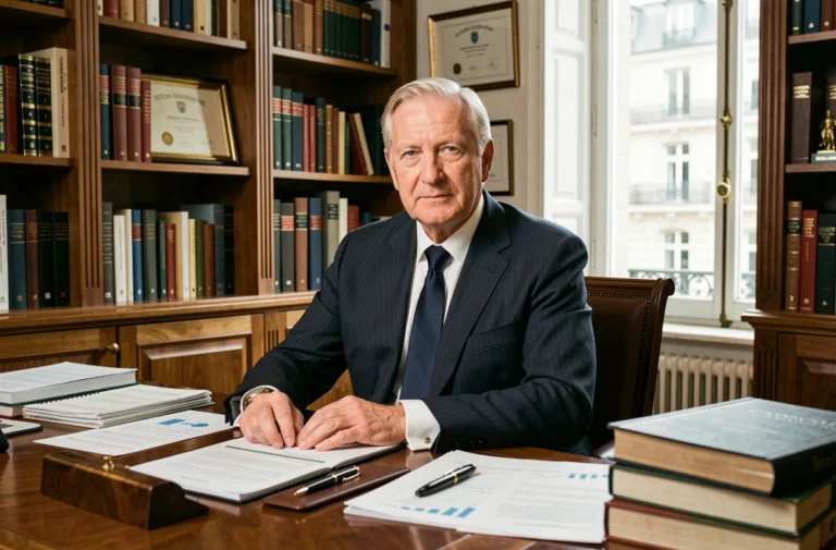 Portrait d'un homme d'affaires français distingué dans un bureau parisien élégant entouré de livres d'économie et de rapports financiers